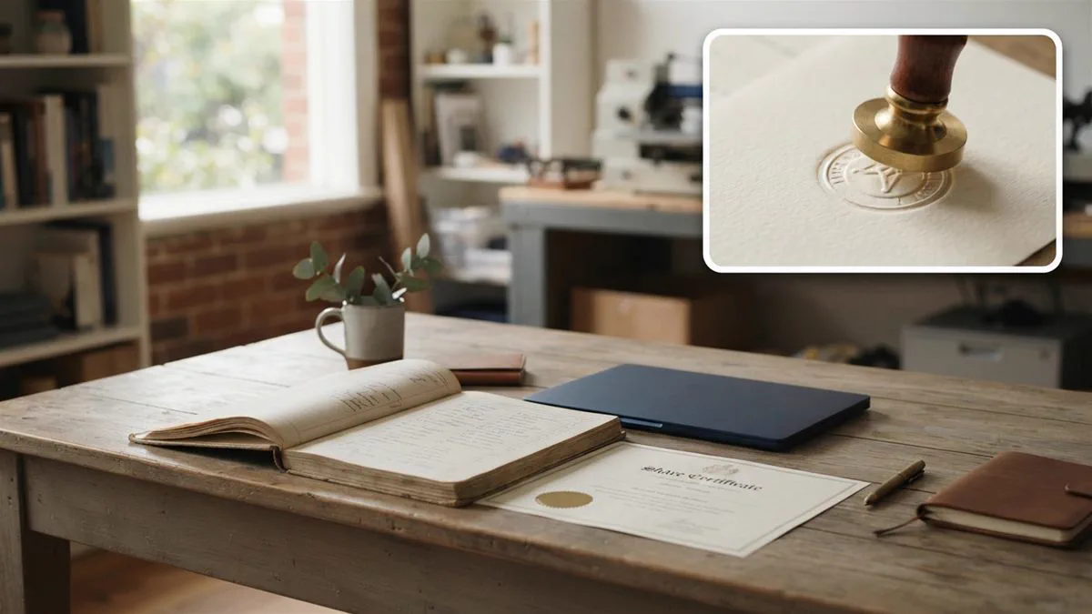 A share certificate and a company register on a desk